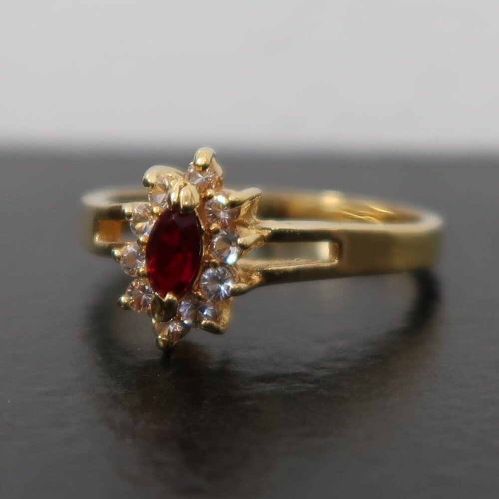 Gold Tone Statement Ring - Red Center Stone White Accents Sz 9.5
